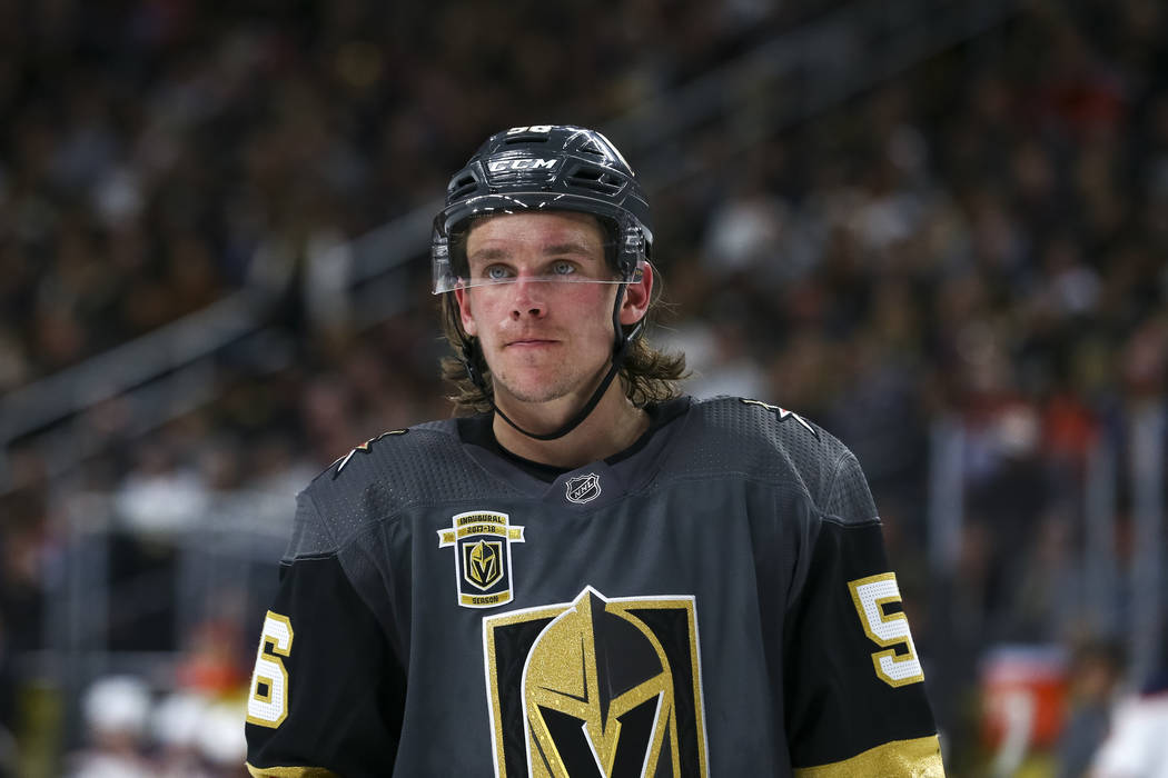 Vegas Golden Knights left wing Erik Haula (56) on the ice during the second period of an NHL hockey game between the Vegas Golden Knights and the Edmonton Oilers at T-Mobile Arena in Las Vegas, Sa ...