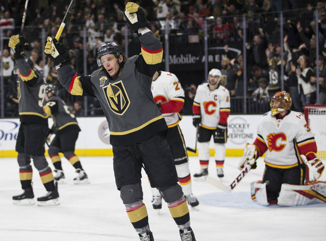 Vegas Golden Knights left wing Erik Haula (56) celebrates a score during the third period of an NHL hockey game at T-Mobile Arena in Las Vegas, Wednesday, Feb. 21, 2018. The Knights won 7-3. Erik  ...