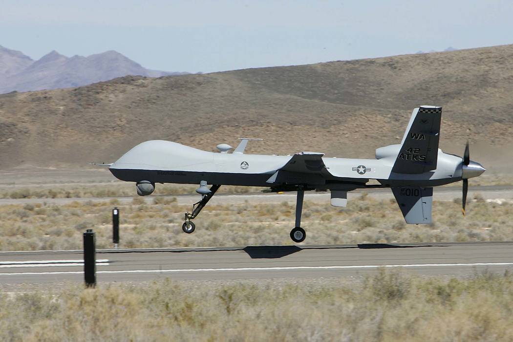 The first MQ-9 Reaper unmanned aerial vehicle comes in for a landing at the Creech Air Force Base at Indian Springs in 2007. (Gary Thompson/Las Vegas Review-Journal)