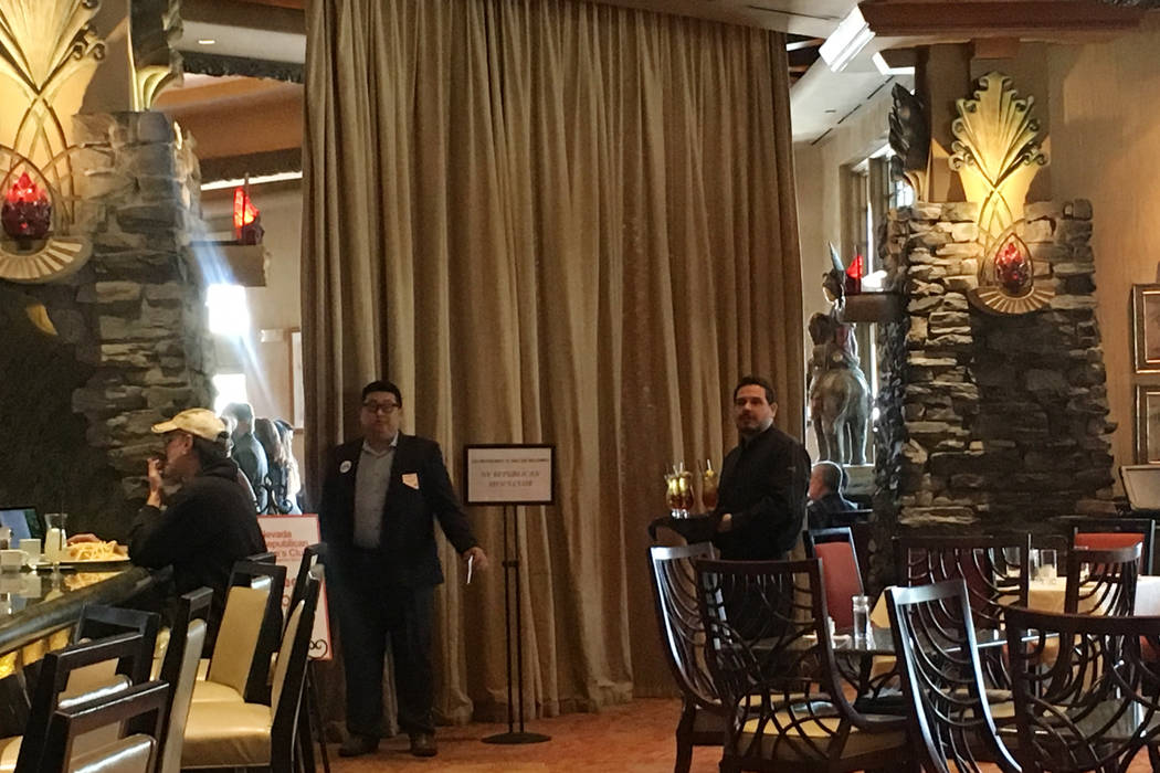 U.S. Senator Dean Heller met with supporters at a luncheon Tuesday behind a curtain inside the Cili Restaurant at the Bali Hai Golf Club in Las Vegas. Staff would not allow reporters inside. (Ramo ...