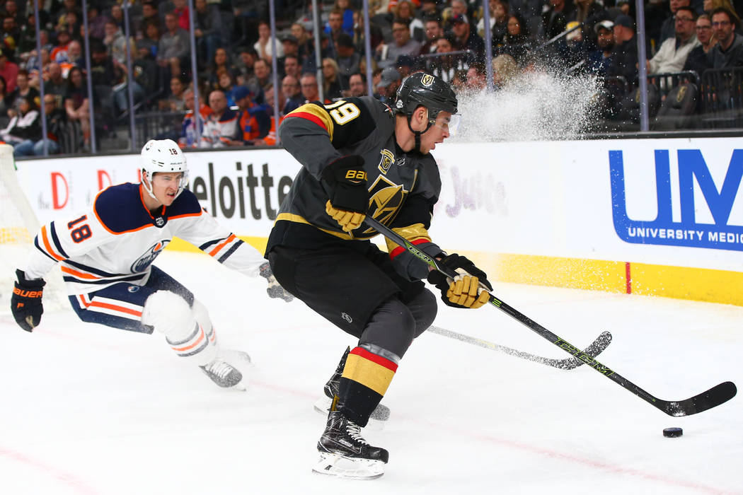 Golden Knights right wing Reilly Smith (19) controls the puck against Edmonton Oilers center Ryan Strome (18) during an NHL game at T-Mobile Arena in Las Vegas on Thursday, Feb. 15, 2018. Chase St ...