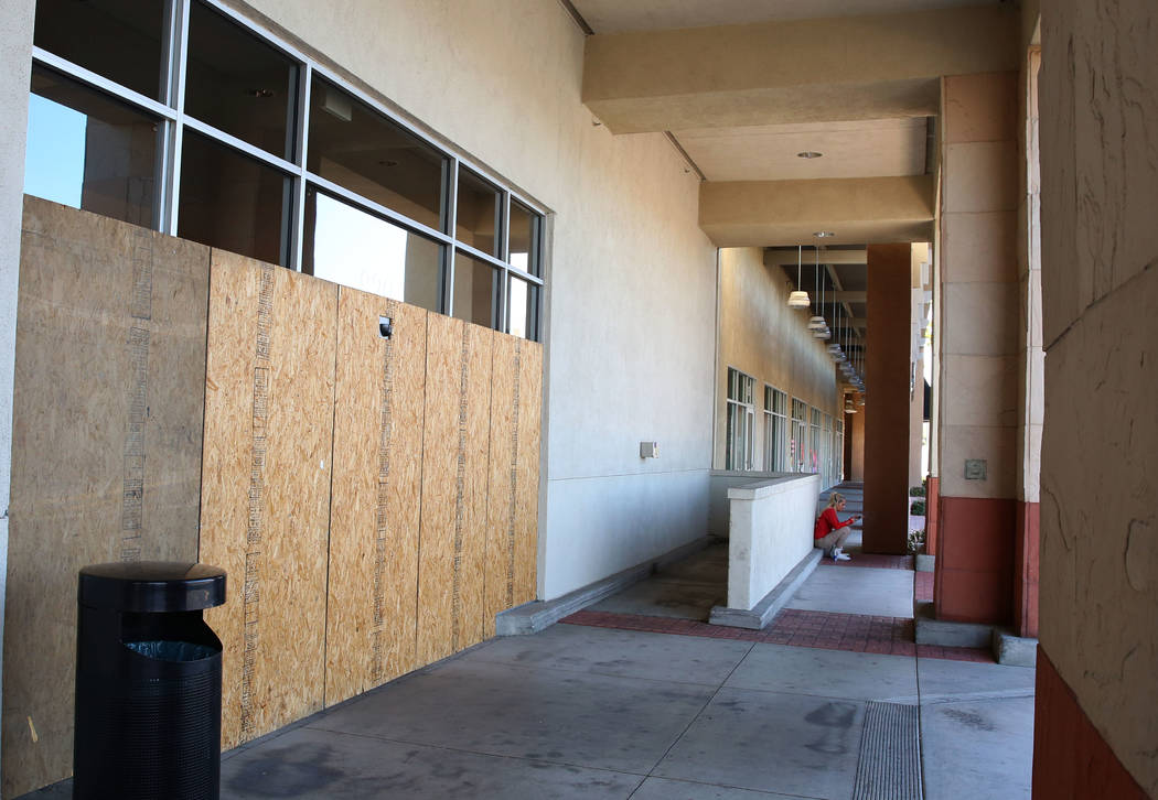 The boarded up entrance of former grocer Haggen in Boca Park on Wednesday, Feb. 7, 2018, in Las Vegas. The store remains empty more than two years after the grocery chain went bankrupt. (Bizuayehu ...