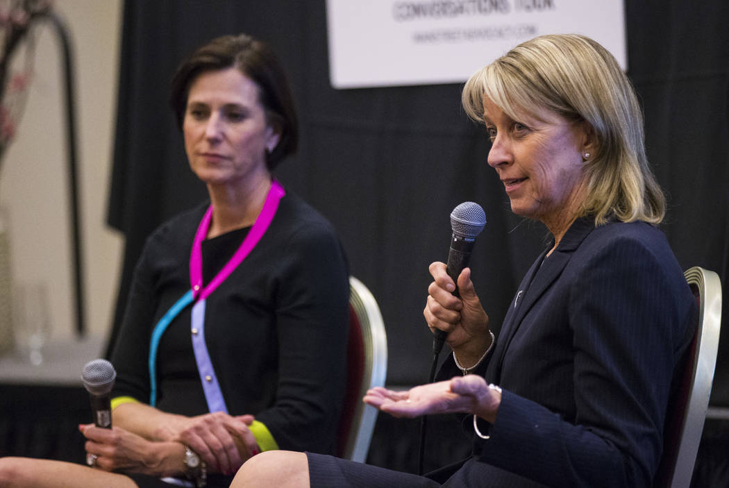 Nevada Secretary of State Barbara Cegavske, right, speaks alongside U.S. Rep. Mimi Walters, R-Calif., as part of the "Women2Women Conversations" tour at the Sands Expo in Las Vegas on We ...
