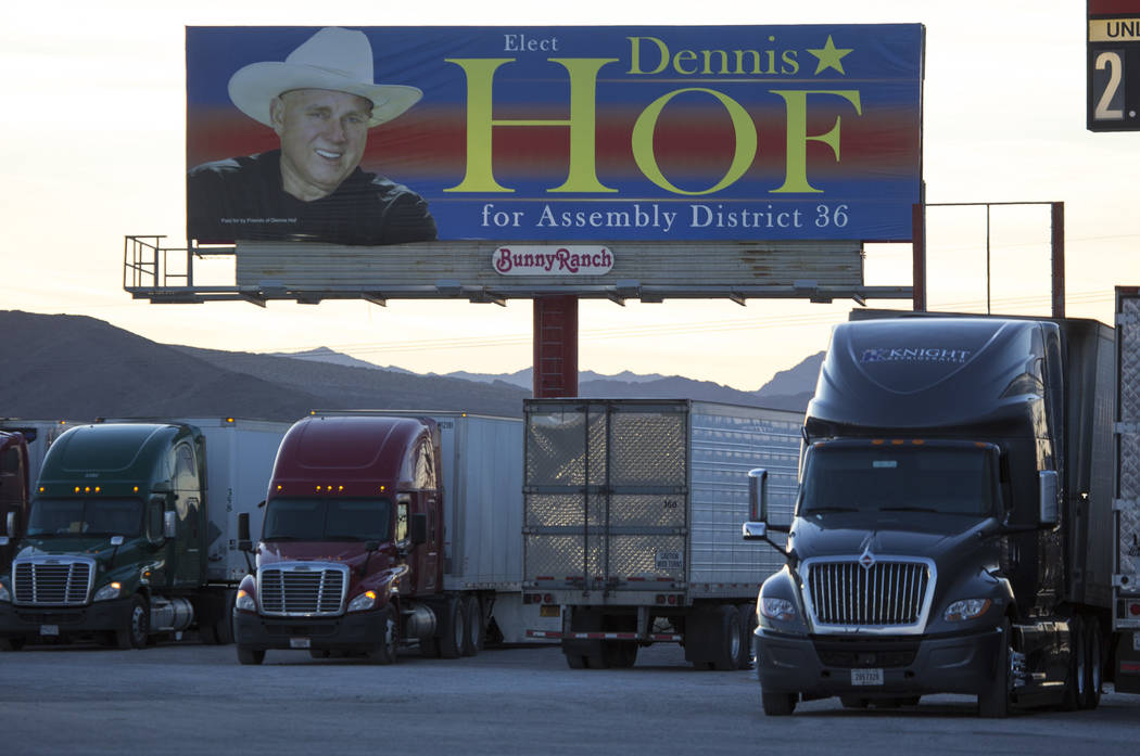 A campaign billboard for Dennis Hof in the parking lot of the Area 51 Alien Center in Amargosa Valley, Nevada, about 90 miles north of Las Vegas, Friday, April 6, 2018. Richard Brian Las Vegas Rev ...