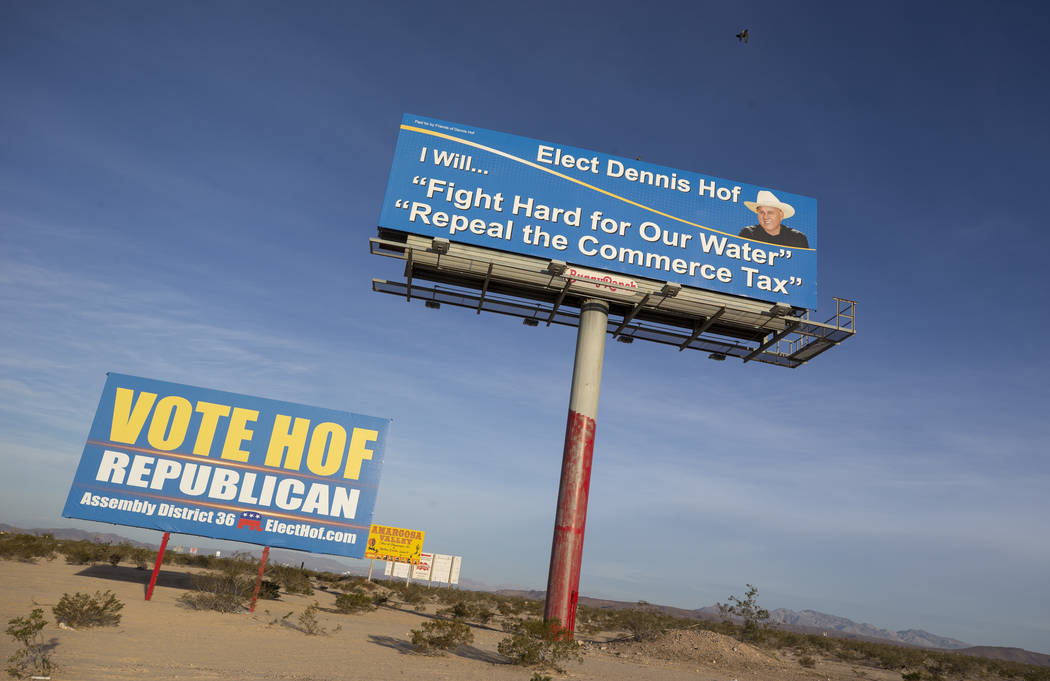 A campaign billboard for Dennis Hof near the parking lot of the Area 51 Alien Center in Amargosa Valley, Nevada, about 90 miles north of Las Vegas, Friday, April 6, 2018. Richard Brian Las Vegas R ...