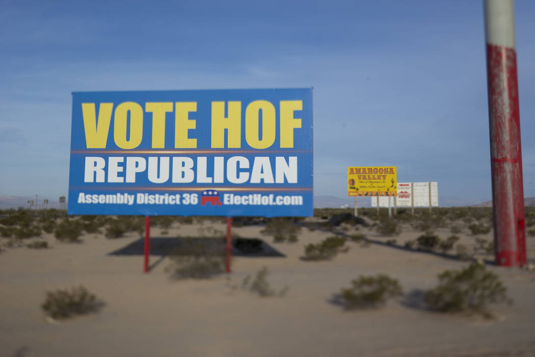 A campaign billboard for Dennis Hof near the parking lot of the Area 51 Alien Center in Amargosa Valley, Nevada, about 90 miles north of Las Vegas, Friday, April 6, 2018. Richard Brian Las Vegas R ...