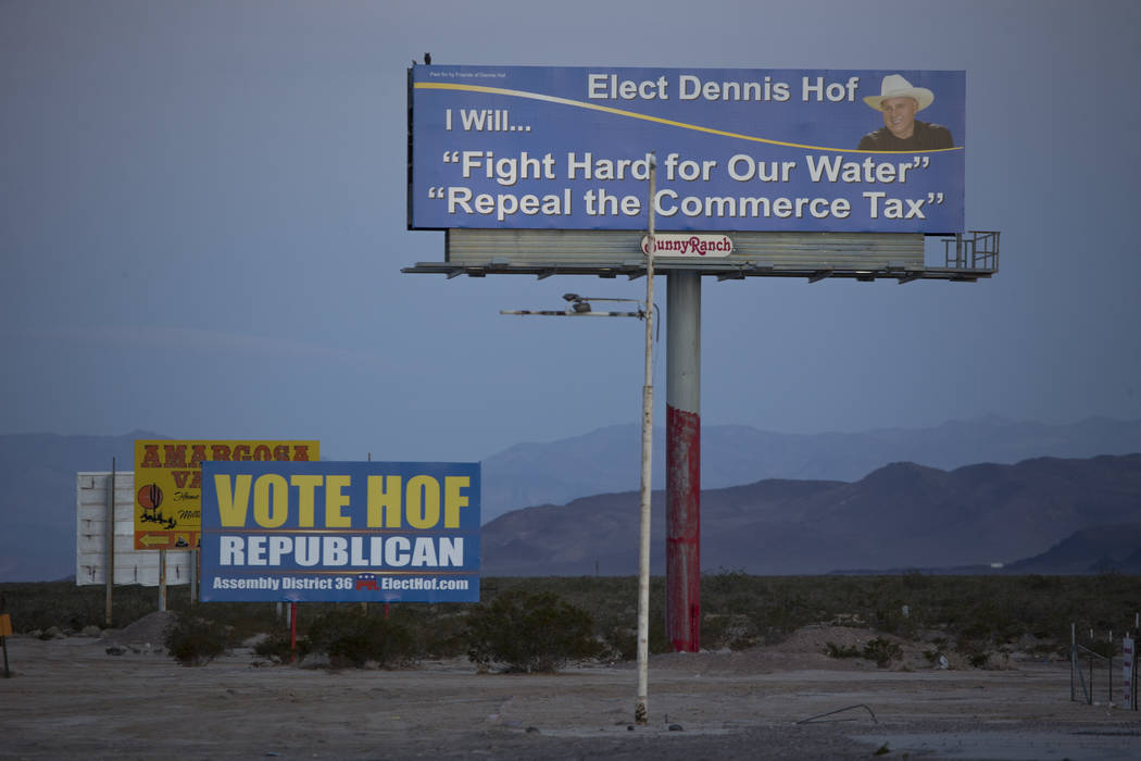 A campaign billboard for Dennis Hof near the parking lot of the Area 51 Alien Center in Amargosa Valley, Nevada, about 90 miles north of Las Vegas, Friday, April 6, 2018. Richard Brian Las Vegas R ...