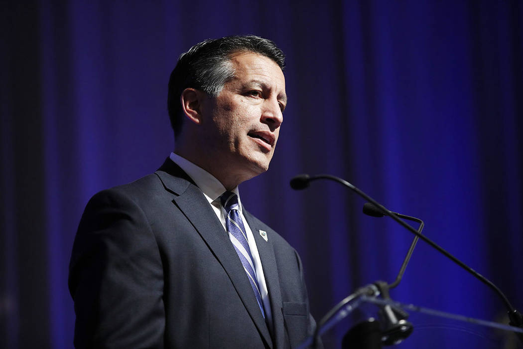 Nevada Gov. Brian Sandoval speaks at the Governor's Global Tourism Summit in Las Vegas in December 2017. Sandoval on Friday opposed President Donald Trump's plan to put up to 4,000 National Guard  ...