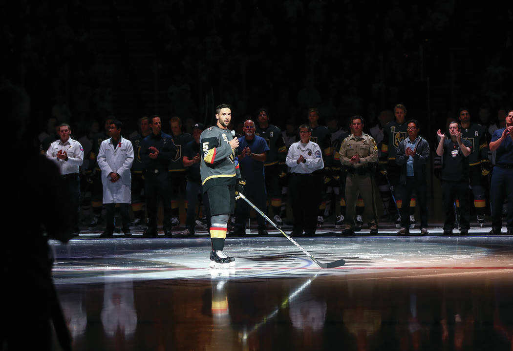 Vegas Golden Knights' Deryk Engelland (5) speaks before an NHL hockey game between the Vegas Golden Knights and Arizona Coyotes at T-Mobile Arena in Las Vegas on Tuesday, Oct. 10, 2017. Chase Stev ...