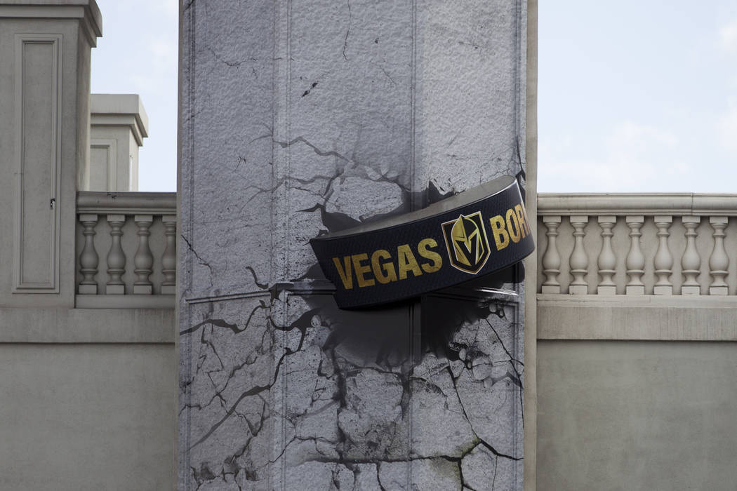 A giant puck promoting the Vegas Golden Knights on a pedestrian bridge at the intersection of Flamingo Road and Las Vegas Boulevard South in Las Vegas, Saturday, April 7, 2018.  Las Vegas Review-J ...