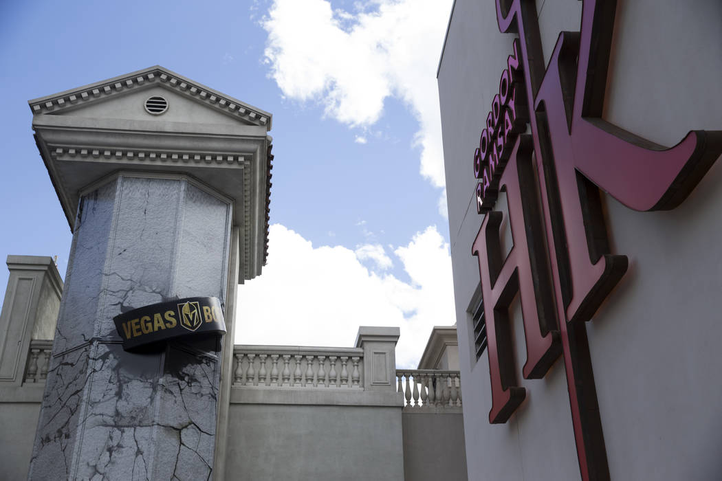 A giant puck promoting the Vegas Golden Knights on a pedestrian bridge at the intersection of Flamingo Road and Las Vegas Boulevard South in Las Vegas, Saturday, April 7, 2018. Las Vegas Review-J ...