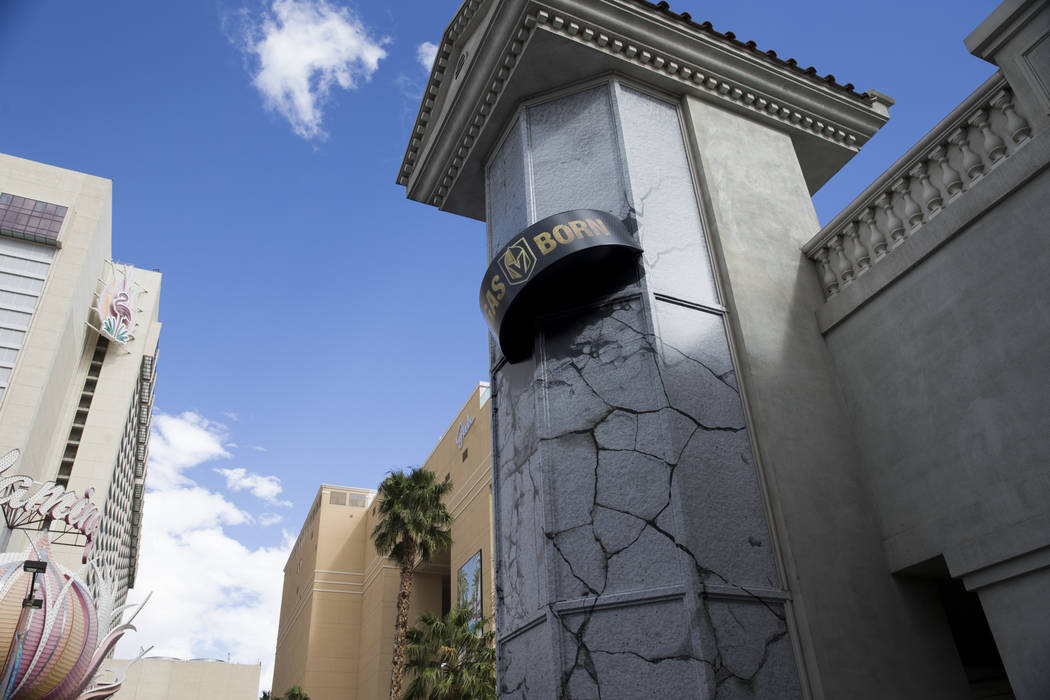 A giant puck promoting the Vegas Golden Knights on a pedestrian bridge at the intersection of Flamingo Road and Las Vegas Boulevard South in Las Vegas, Saturday, April 7, 2018. Las Vegas Review-J ...