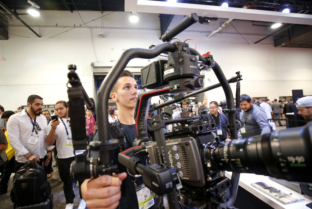 Jack Morici demos a Ronin Ready Rig camera stabilizer during the NAB Show, at the Las Vegas Convention Center, Monday morning, April 9, 2018. (Richard Brian/Las Vegas Review-Journal) @vegasphotograph