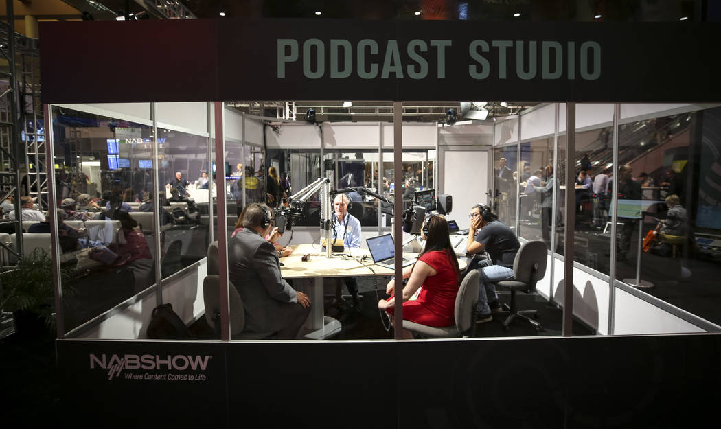 People broadcast from the Podcast Studio during the first day of the NAB Show at the Las Vegas Convention Center on Monday, April 9, 2018. Richard Brian Las Vegas Review-Journal @vegasphotograph
