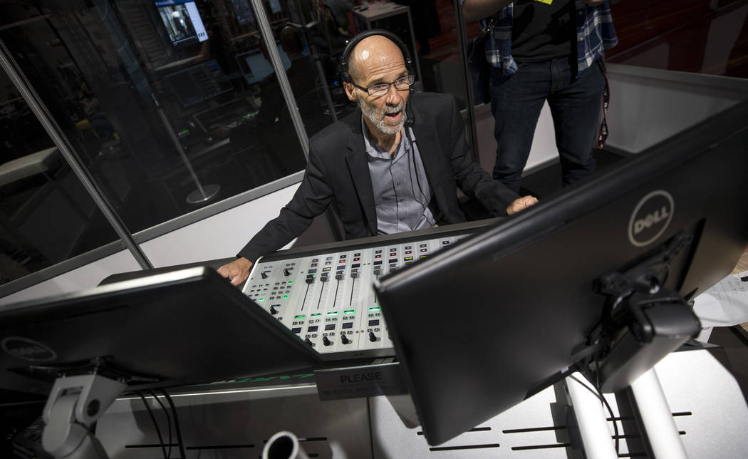 Broadcast Beat's Lead Audio Engineer Rob Dunfee works the console in the Podcast Studio during the second day of the NAB Show at the Las Vegas Convention Center on Tuesday, April 10, 2018. Richard ...