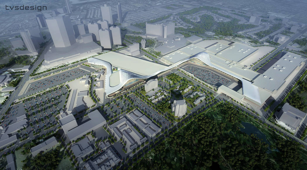 Aerial overall --  A design rendering, released April 10, 2018, showing how the Las Vegas Convention Center District Phase Two Expansion is expected to look on completion, provided by tvsdesign /  ...