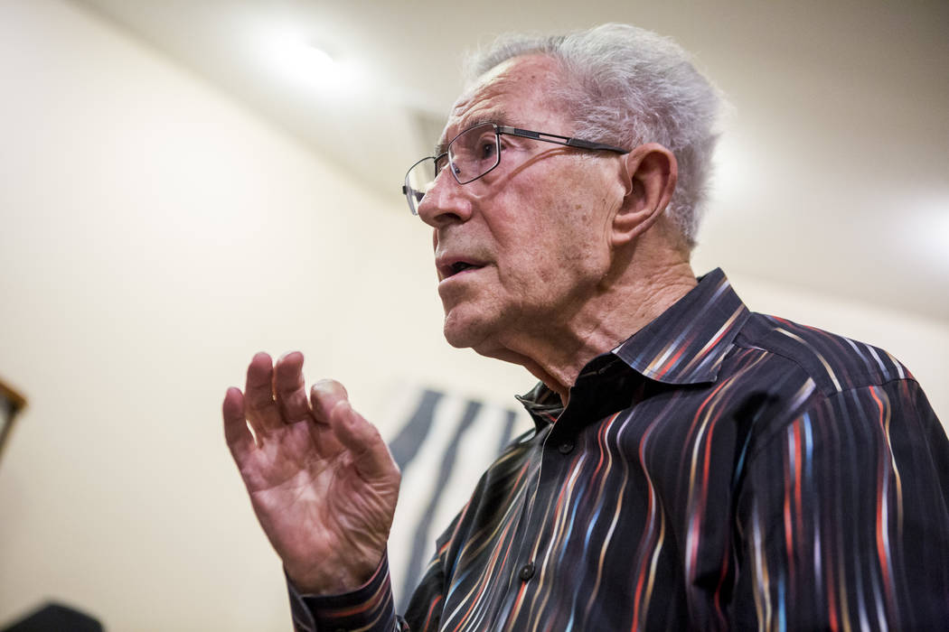 Ben Lesser, an 89-year-old Holocaust survivor, speaks at a Yom HaShoah, or Holocaust Rememberence Day, event at a Summerlin home on Wednesday, April 11, 2018.  Patrick Connolly Las Vegas Review-Jo ...