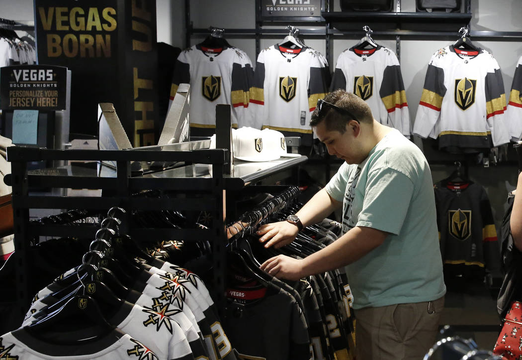 Sergio Ramirez shops at the Vegas Golden Knights' official team store at City National Arena on Monday, April 9, 2018, in Las Vegas. Bizuayehu Tesfaye/Las Vegas Review-Journal @bizutesfaye