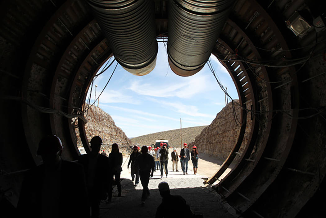 Members of a congressional tour of the Yucca Mountain exploratory tunnel enter the south portal, April 9, 2015. (Sam Morris/Las Vegas Review-Journal)