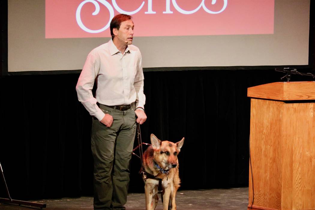 Erik Weihenmayer explains to the audience how he overcomes the barriers blindness has presented him at UNLV's Barrick Lecture at the Artemus W. Ham Concert Hall in Las Vegas on Monday, April 9. ( ...