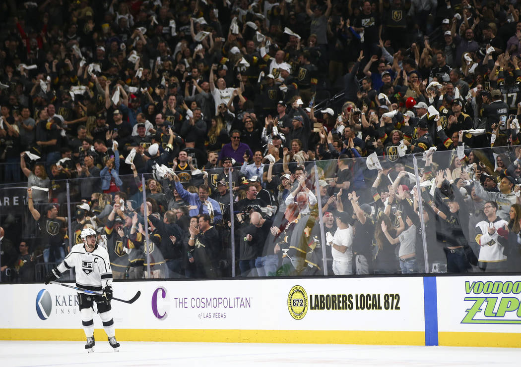 Golden Knights fans cheer at the end of Game 1 of an NHL hockey first-round playoff series against the Los Angeles Kings at T-Mobile Arena in Las Vegas on Wednesday, April 11, 2018. Chase Stevens  ...