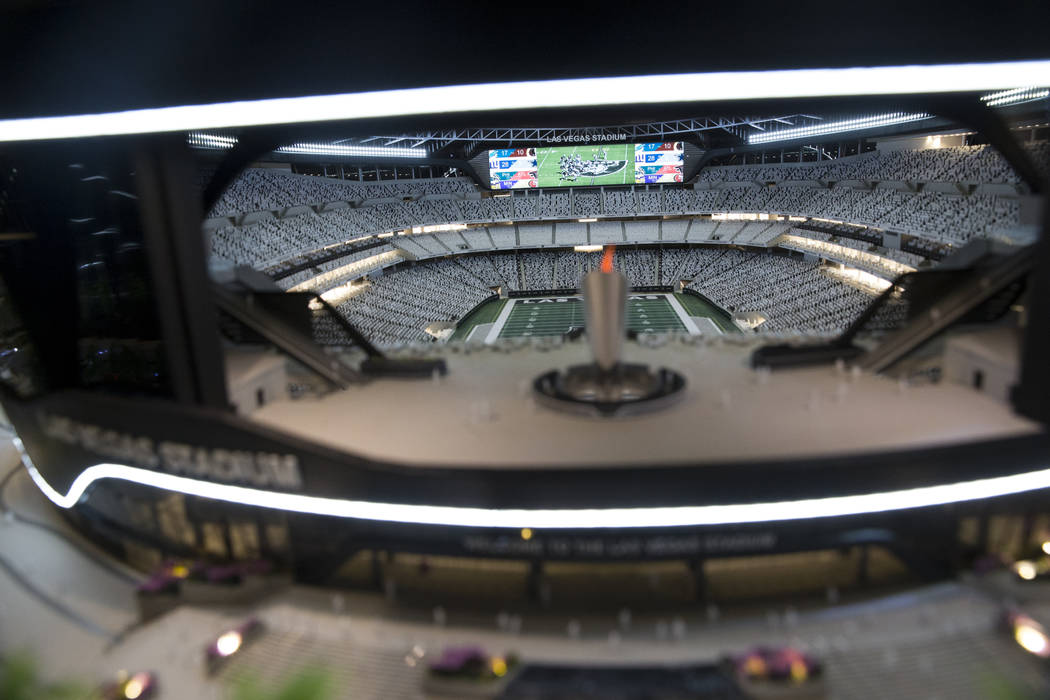 A Raiders stadium model on display at the Las Vegas stadium preview center at Town Square, Friday, March 23, 2018. Erik Verduzco Las Vegas Review-Journal @Erik_Verduzco