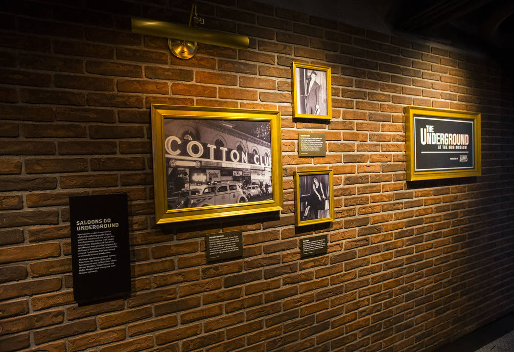 Historic photos on display in the speakeasy as final touches are made at The Underground at The Mob Museum in downtown Las Vegas on Saturday, April 14, 2018. The basement-level exhibition of the P ...