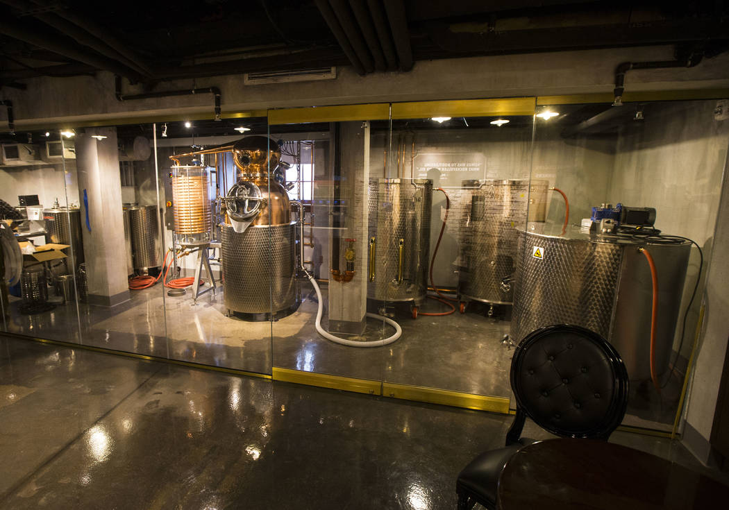 A working 60-gallon copper-pot still on display in the distillery area of The Underground at The Mob Museum in downtown Las Vegas on Saturday, April 14, 2018. The basement-level exhibition of the ...