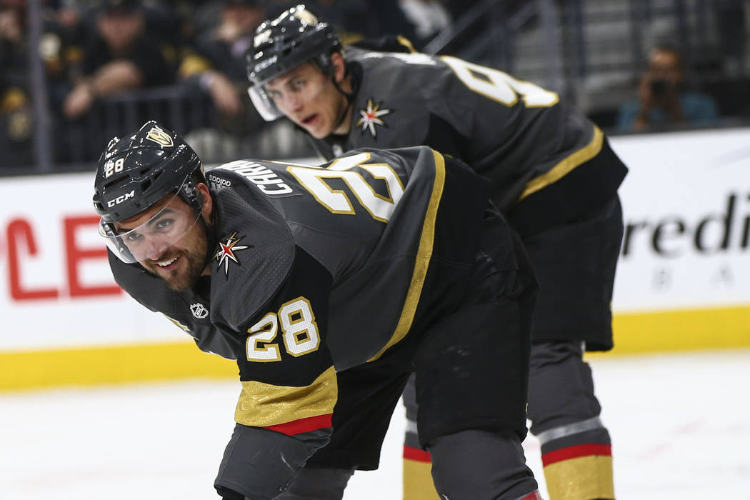 Golden Knights left wing William Carrier (28) looks on during the second period of Game 1 of an NHL hockey first-round playoff series against the Los Angeles Kings at T-Mobile Arena in Las Vegas o ...