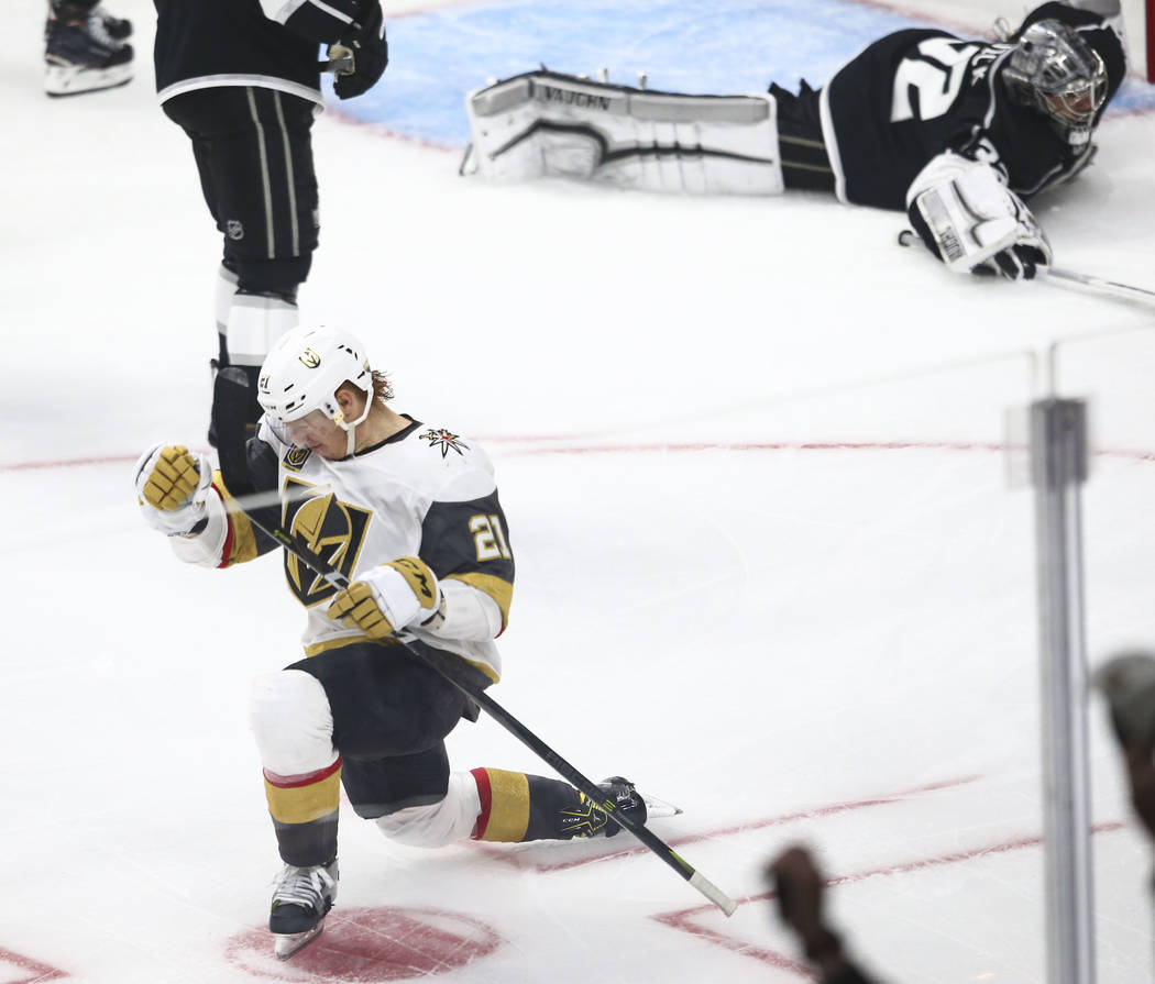 Golden Knights center Cody Eakin (21) celebrates his goal against the Los Angeles Kings during the third period of Game 3 of an NHL hockey first-round playoff series at the Staples Center in Los A ...