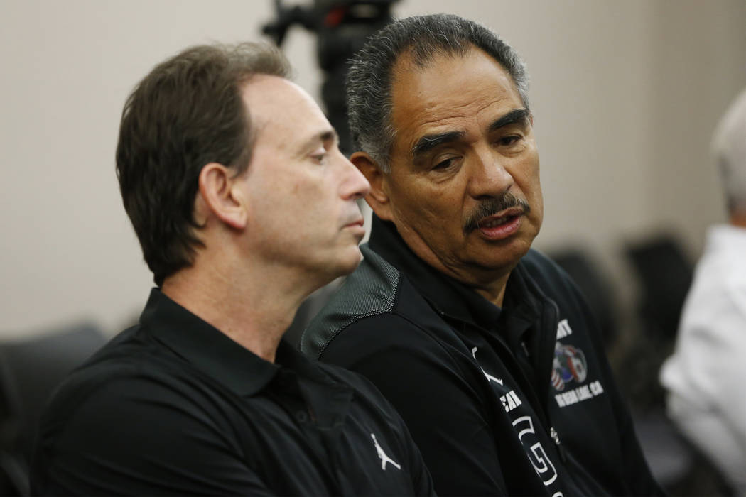 Boxing promoter Tom Loeffler, left, and trainer Abel Sanchez, during a Nevada Athletic Commission meeting at the Grant Sawyer State Office Building in Las Vegas, Wednesday, April 18, 2018. Saul &# ...
