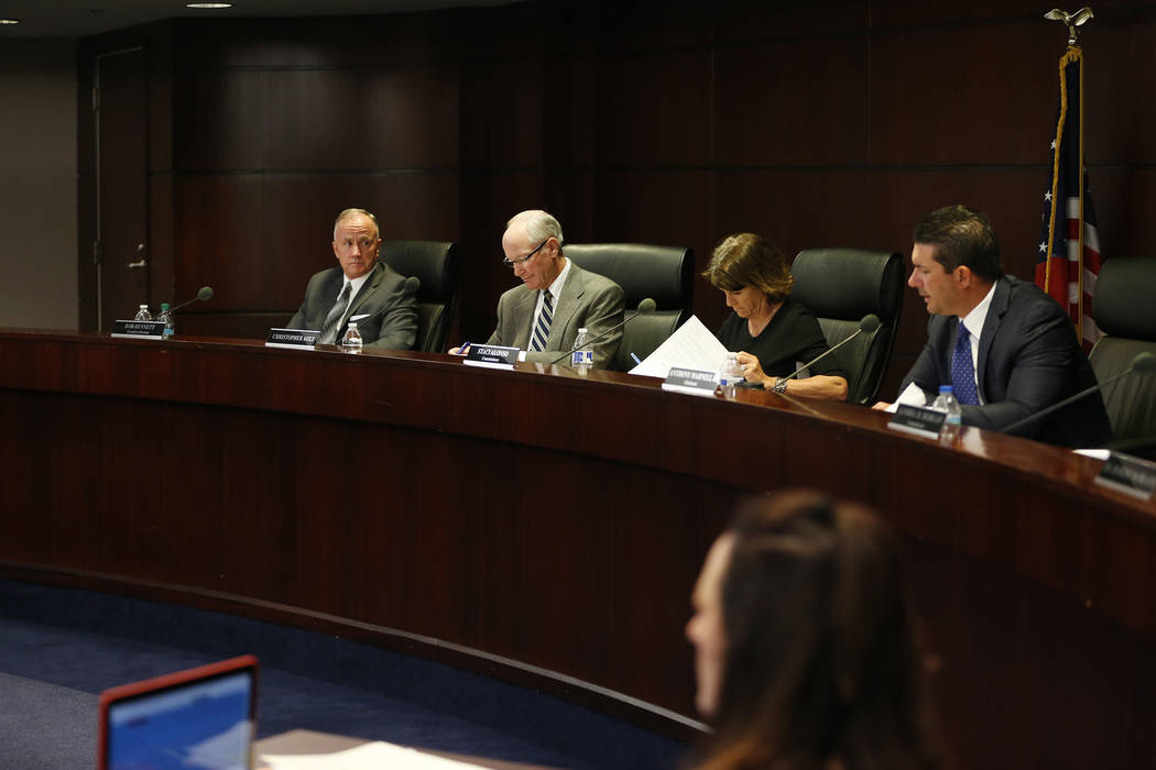Nevada Athletic Commission members from left, Bob Bennett, Christopher Ault, Staci Alonso and Anthony Marnell III, during a Nevada Athletic Commission meeting at the Grant Sawyer State Office Buil ...