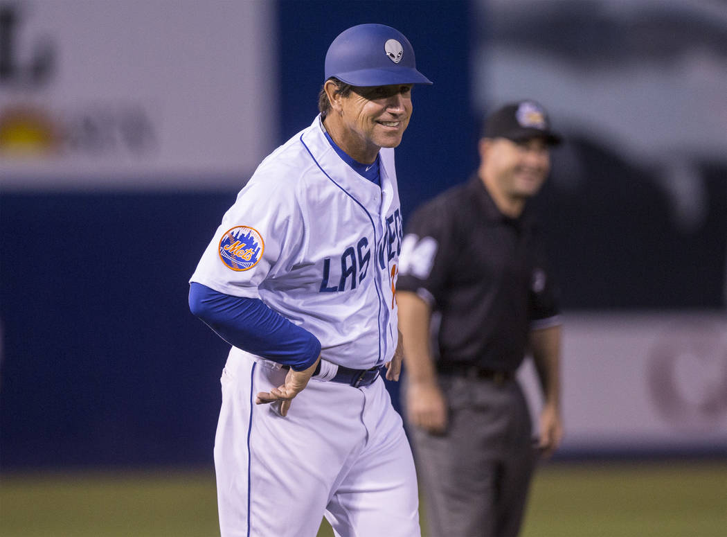 51s manager Tony DeFrancesco signals his batter during Las Vegas' home matchup with the El Paso Chihuahuas on Monday, April 9, 2018, at Cashman Field, in Las Vegas. Benjamin Hager Las Vegas Review ...