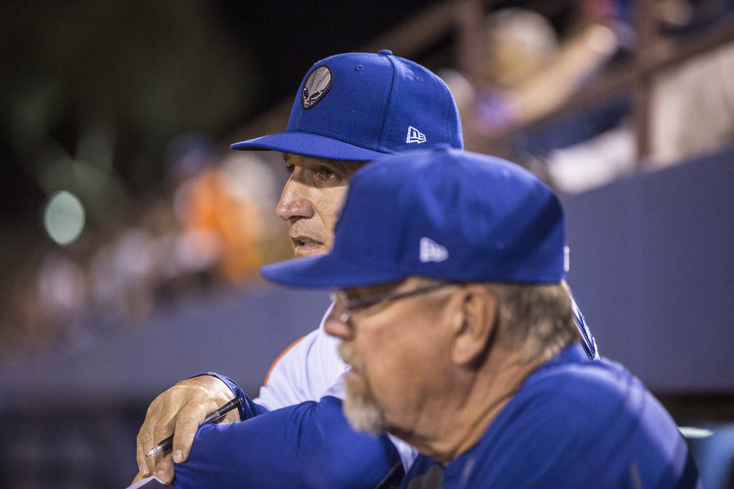 51s manager Tony DeFrancesco, left, watches his team play defense during Las Vegas' home matchup with the El Paso Chihuahuas on Monday, April 9, 2018, at Cashman Field, in Las Vegas. Benjamin Hage ...