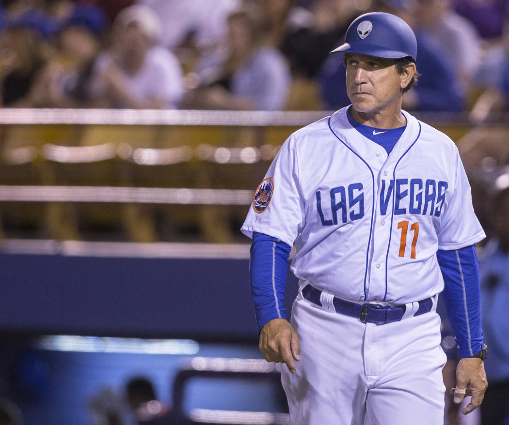 51s manager Tony DeFrancesco takes the field during Las Vegas' home matchup with the El Paso Chihuahuas on Monday, April 9, 2018, at Cashman Field, in Las Vegas. Benjamin Hager Las Vegas Review-Jo ...