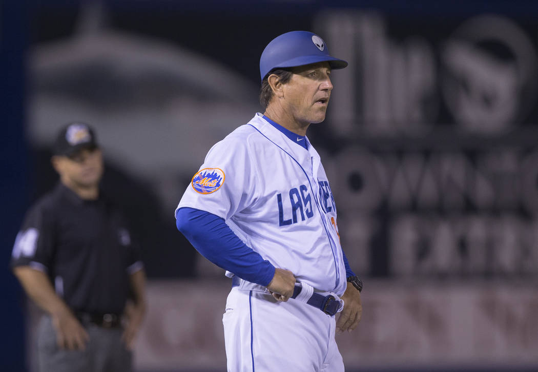 51s manager Tony DeFrancesco signals his batter during Las Vegas' home matchup with the El Paso Chihuahuas on Monday, April 9, 2018, at Cashman Field, in Las Vegas. Benjamin Hager Las Vegas Review ...
