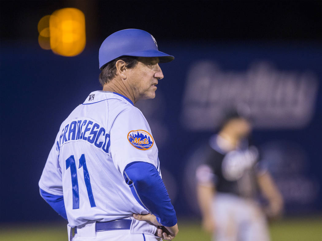 51s manager Tony DeFrancesco signals his batter during Las Vegas' home matchup with the El Paso Chihuahuas on Monday, April 9, 2018, at Cashman Field, in Las Vegas. Benjamin Hager Las Vegas Review ...