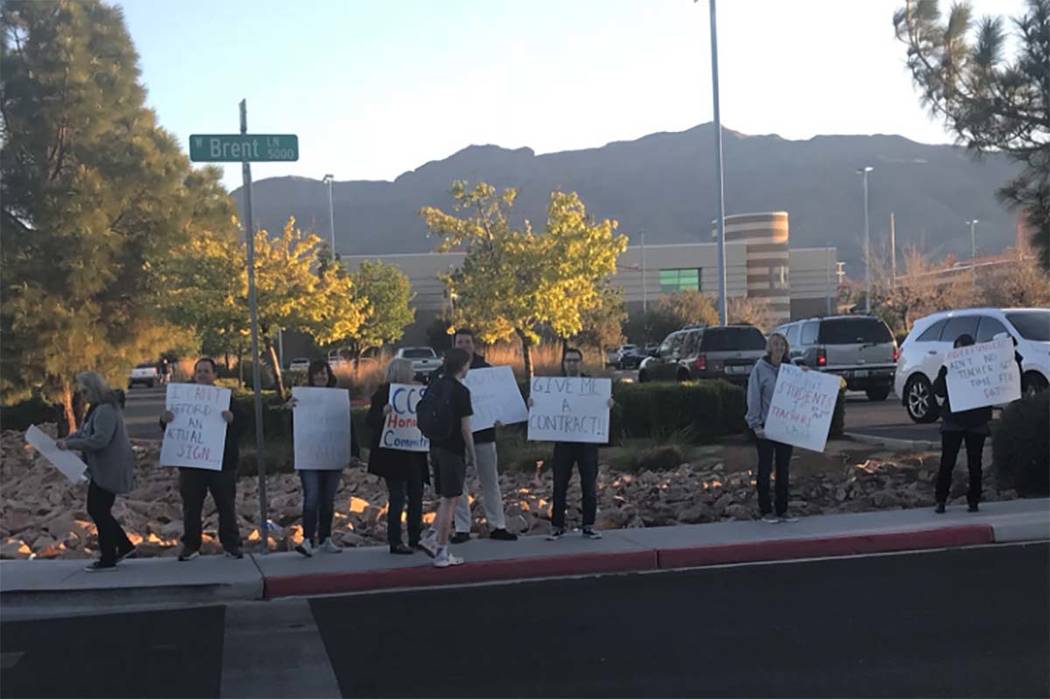 Shadow Ridge High School teachers protest against pay freezes at the school on Tuesday morning, April 17, 2018. (Amelia Pak-Harvey/Las Vegas Review-Journal)