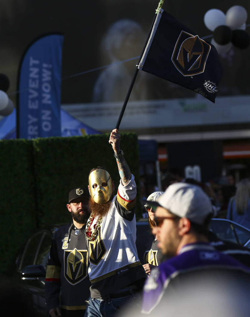 Golden Knights fan Chris O'Gane heads to the Staples Center ahead of Game 4 of an NHL hockey first-round playoff series against the Los Angeles Kings on Tuesday, April 17, 2018. Chase Stevens Las ...