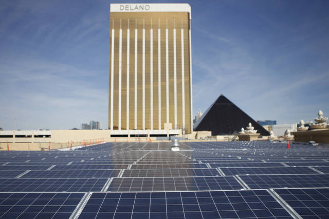 Solar panels are seen on the roof of Mandalay Bay Convention Center in Las Vegas in this file photo. (Erik Verduzco/Las Vegas Review-Journal)