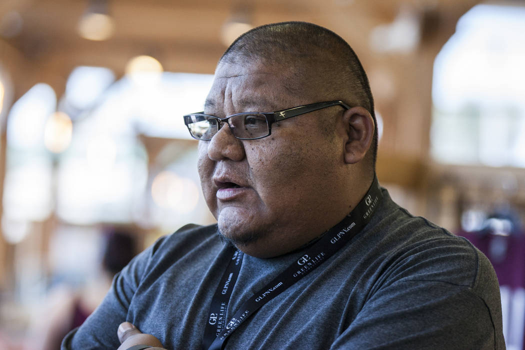 Benny Tso, chairman of the Las Vegas Paiute Tribe, talks with reporters at Nuwu Cannabis Marketplace during a cannabis media tour on Friday, April 23, 2018. Patrick Connolly Las Vegas Review-Jou ...