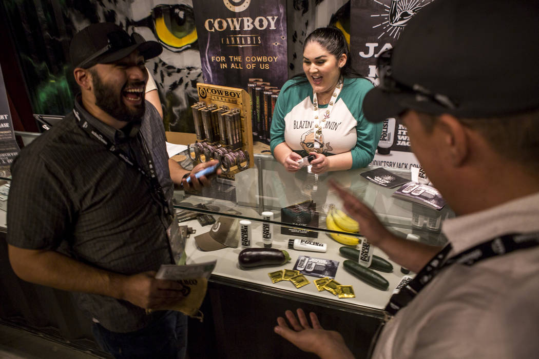 Krista Whitley, founder and CEO of Altitude Products, talks with customers about a product called Knob Polish at Acres Dispensary on Friday, April 23, 2018. Patrick Connolly Las Vegas Review-Jou ...