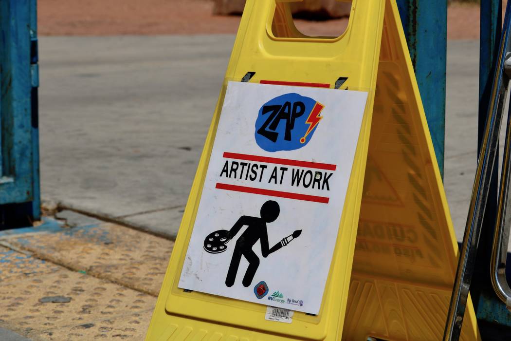 Los Angeles-based artist Andrew Schoultz joined volunteer artists at the skatepark at Winchester Cultural Center Tuesday, April 17, 2018 to paint the park in advance of his solo installation at th ...