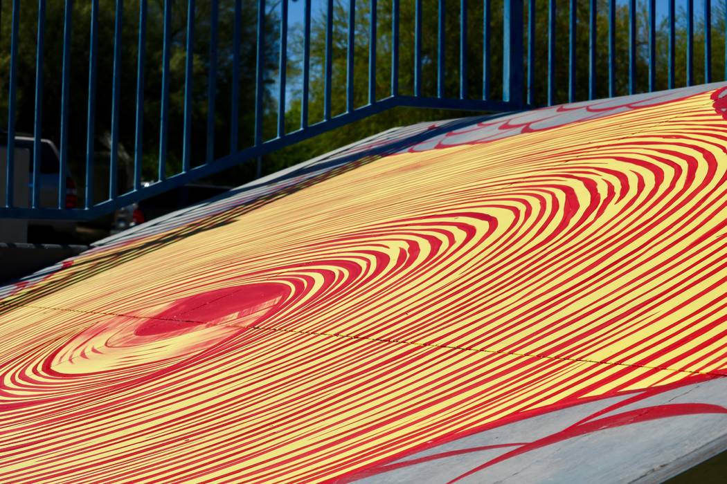 Los Angeles-based artist Andrew Schoultz joined volunteer artists at the skatepark at Winchester Cultural Center Tuesday, April 17, 2018 to paint the park in advance of his solo installation at th ...