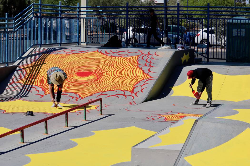 Los Angeles-based artist Andrew Schoultz joined volunteer artists at the skatepark at Winchester Cultural Center Tuesday, April 17, 2018 to paint the park in advance of his solo installation at th ...