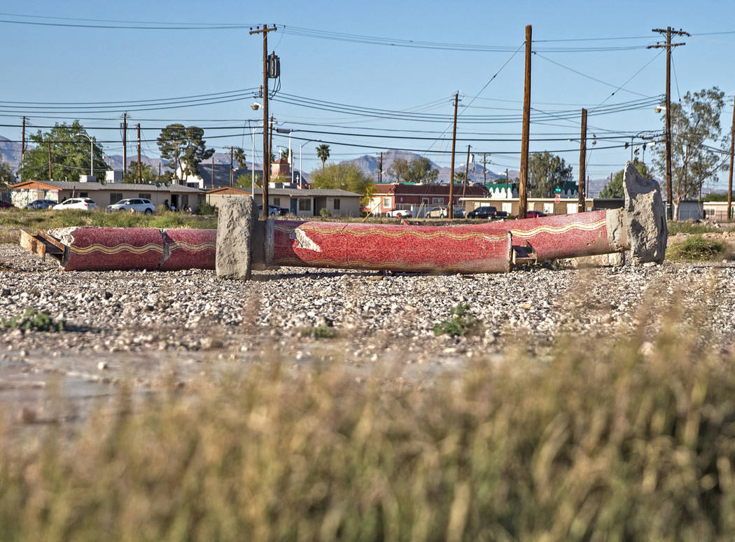 A trio of red mosaic columns are among the few relics left of the Moulin Rouge on Friday, April 20, 2018, in Las Vegas. Benjamin Hager Las Vegas Review-Journal @benjaminhphoto