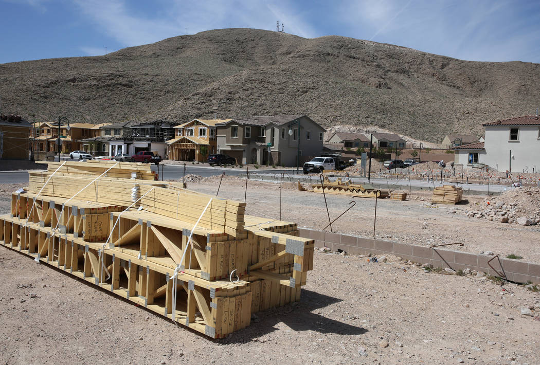 New homes under construction at the Cove at Southern Highlands and St. Rose parkways on Wednesday, April 18, 2018, in Las Vegas. Bizuayehu Tesfaye/Las Vegas Review-Journal @bizutesfaye