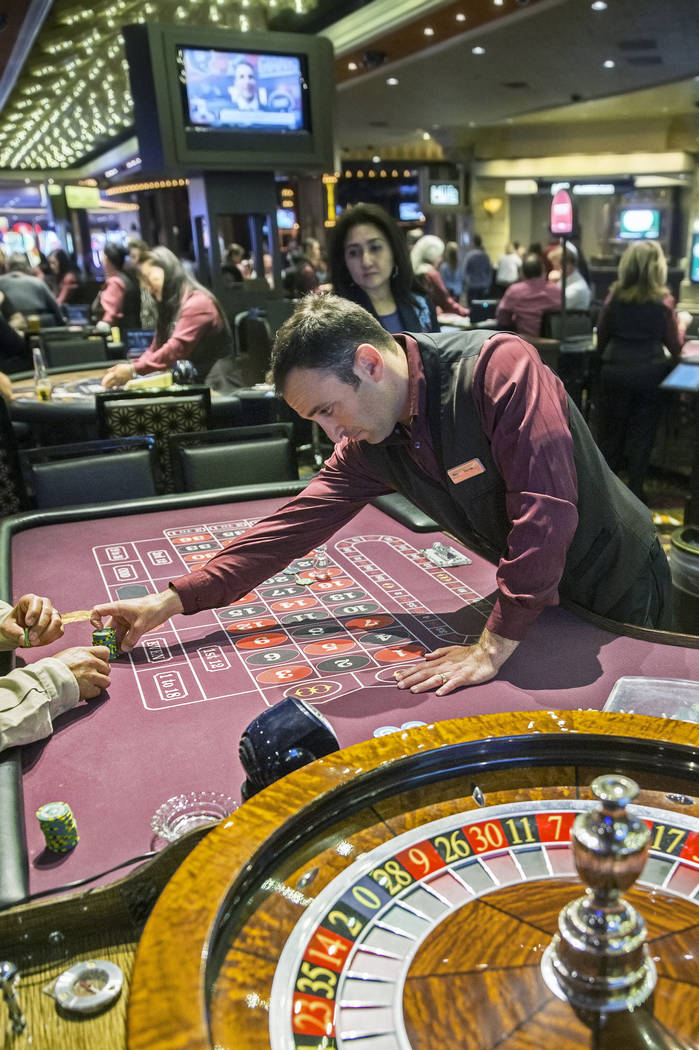 Roulette dealer Derek Hoffman, middle, places bets at the MGM Grand hotel-casino on Thursday, April 19, 2018, in Las Vegas. Benjamin Hager Las Vegas Review-Journal @benjaminhphoto