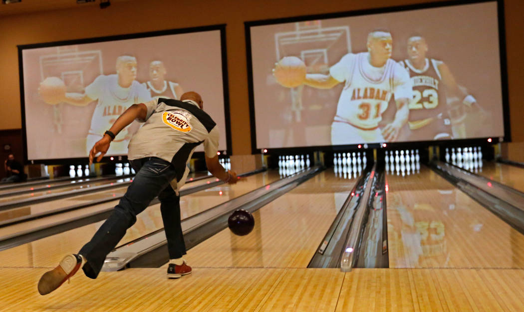 James "Hollywood" Robinson, former NBA player, makes a shot during the Ogden Celebrity Bowl at Red Rock Lanes in Las Vegas, Sunday, April 22, 2018. Pro Football Hall of Fame member Jonathan O ...