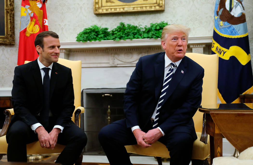 President Donald Trump talks at the beginning of his meeting with French President Emmanuel Macron in Oval Office of the White House in Washington, Tuesday, April 24, 2018. (AP Photo/Pablo Martine ...